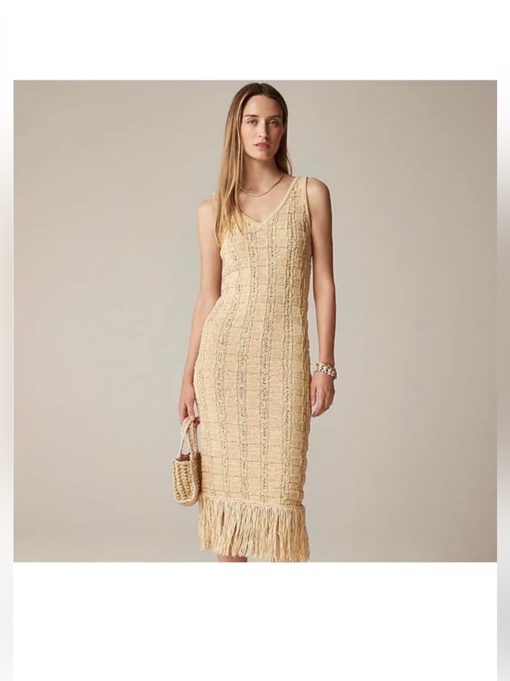 J Crew Fringe Trim Sweater Dress S Tan